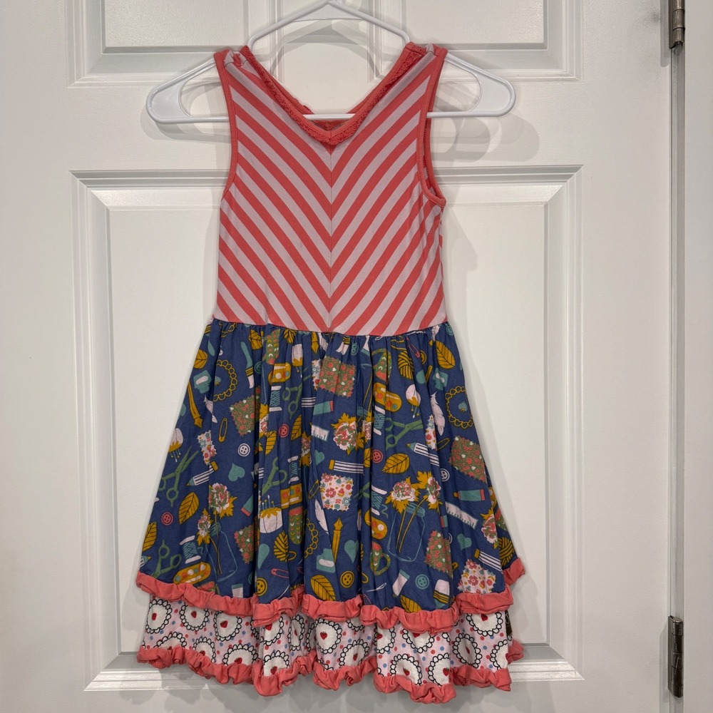 Matilda Jane Kids Coral Pink Chevron Stripe Skirt Dress Crafty Print Size 8